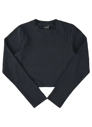 Milli e Nina - Blusa Manga Longa em Em Canelado Maxi Preto - MILLI E NINA