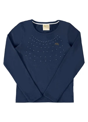 Milli e Nina - Blusa Manga Longa Menina em Cotton Penteado Azul - MILLI E NINA