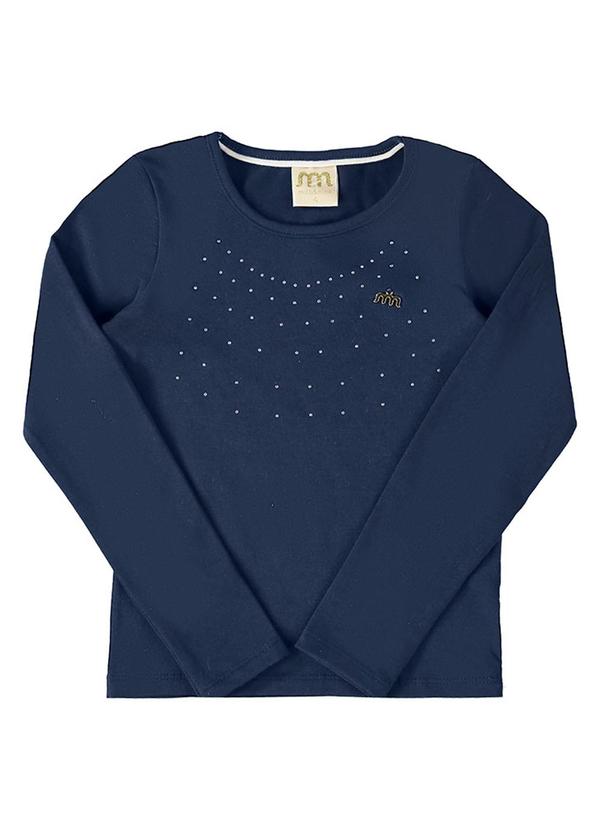 Milli e Nina - Blusa Manga Longa Menina em Cotton Penteado Azul