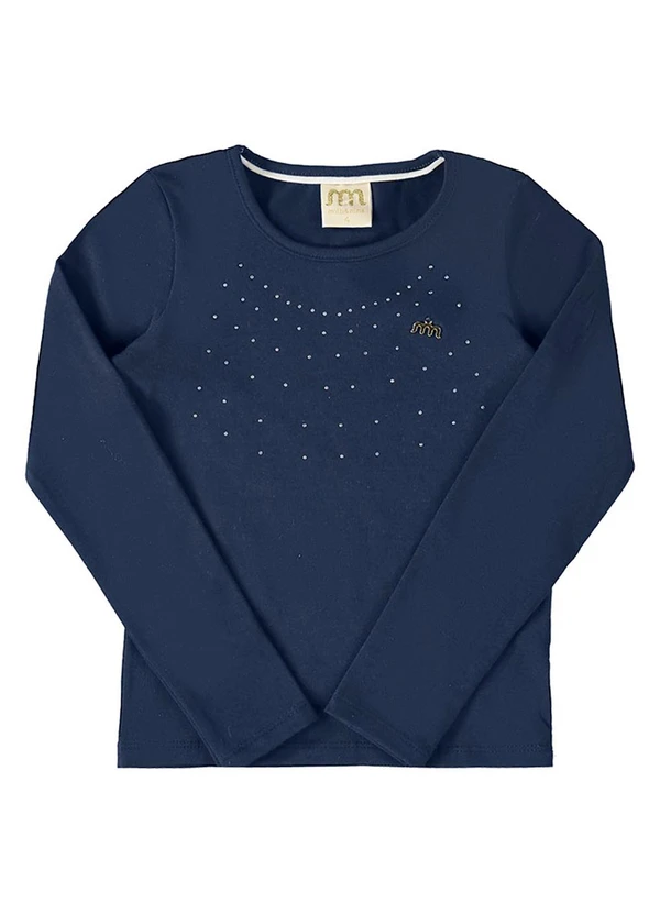 Milli e Nina - Blusa Manga Longa Menina em Cotton Penteado Azul