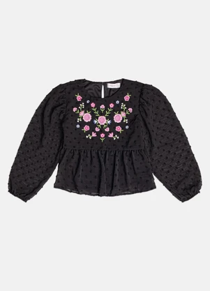 Momi - Blusa Menina Infantil de Manga Bufante com Bordado - MOMI