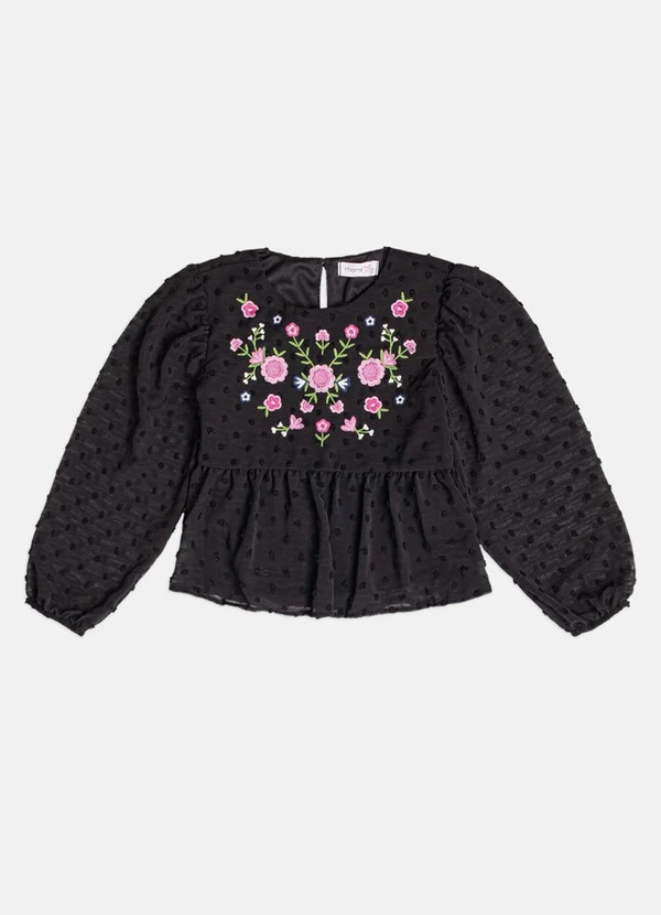 Momi - Blusa Menina Infantil de Manga Bufante com Bordado