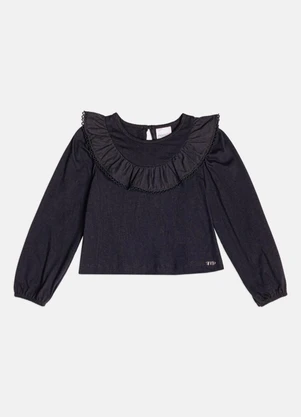 Momi - Blusa Menina Infantil Preta com Babado e Renda - MOMI