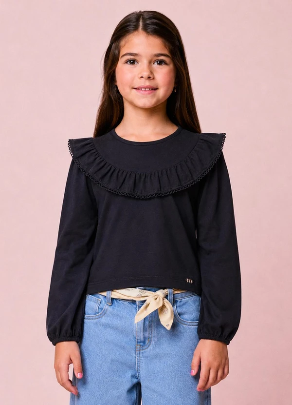 Momi - Blusa Menina Infantil Preta com Babado e Renda