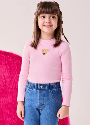 Bimbi - Blusa Menina Manga Longa de Ribana Canelada Rosa - BIMBI