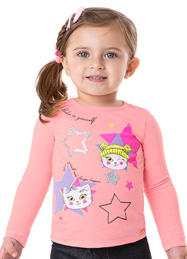 Marlan - Blusa Menina Manga Longa Meia Malha Estampa Rosa