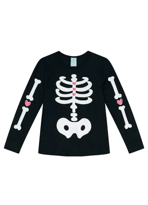 Kyly - Blusa Pijama Infantil Menina Esqueleto Preto - KYLY