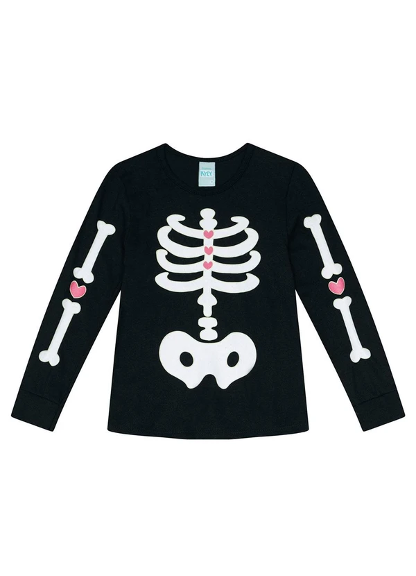 Kyly - Blusa Pijama Infantil Menina Esqueleto Preto 1