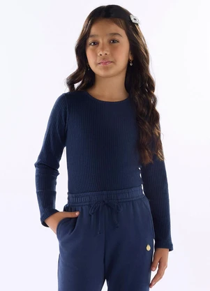 Quimby - Blusa Ribana Canelada Manga Longa Azul - QUIMBY