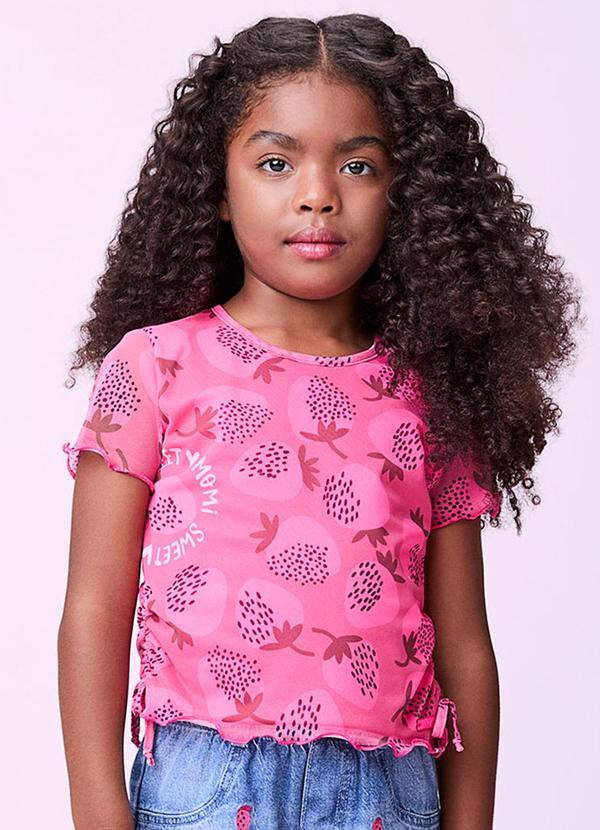 Momi - Blusa de Tule com Maxi Morangos Rosa