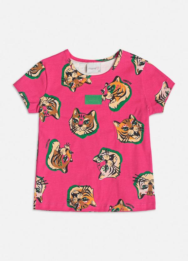 Momi - Blusa Manga Curta Estampa de Tigres Pink Rosa