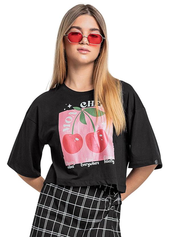 Gloss - Blusa Cereja Juvenil em Meia Malha Preto