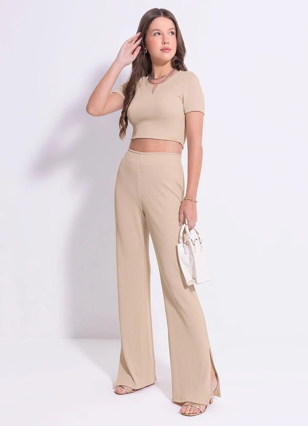 Cativa Teen - Blusa Cropped em Canelado Bege 5