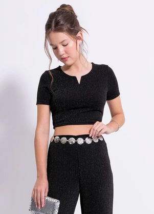 Cativa Teen - Blusa Cropped em Canelado Preto - CATIVA TEEN