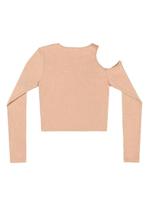 Gloss - Blusa Cropped em Ribana Canelada Bege - GLOSS
