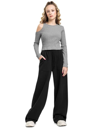 Gloss - Blusa Cropped em Ribana Canelada Cinza - GLOSS