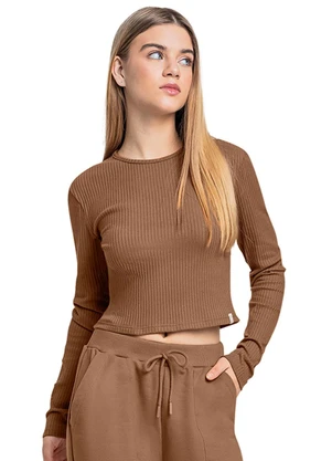 Gloss - Blusa Cropped Juvenil em Ribana Marrom - GLOSS
