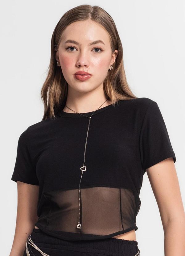 Minty - Blusa Cropped Juvenil Feminina com Tule Preto