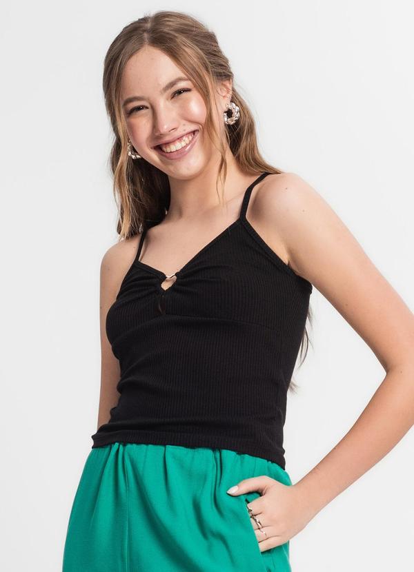 Minty - Blusa Juvenil de Alça em Ribana Canelada Preto