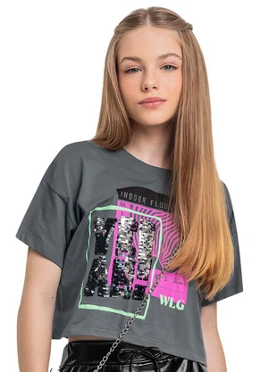 Gloss - Blusa Juvenil Estampada com Paetê Cinza - GLOSS