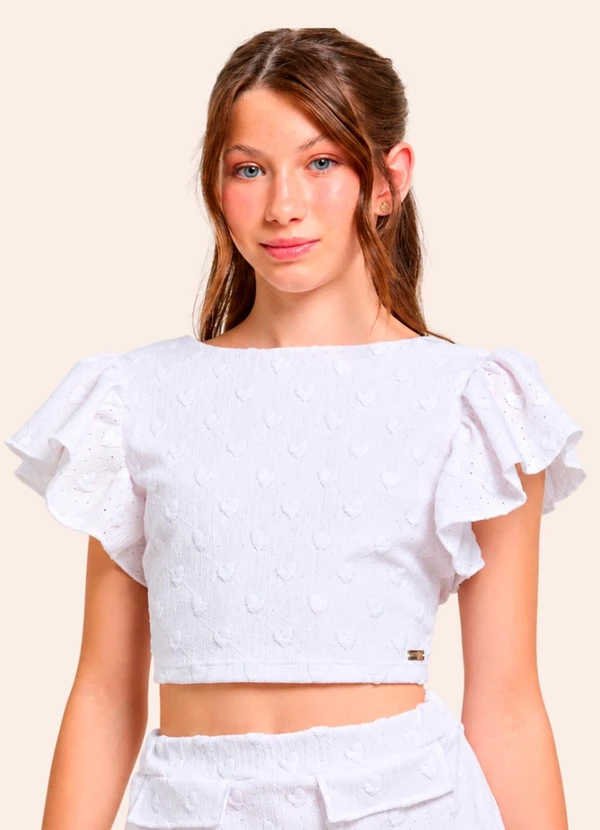 Vida Costeira - Blusa Juvenil Menina Branca com Babados e Laço