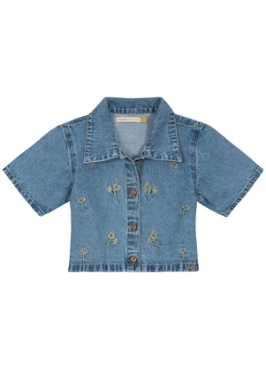 Carinhoso - Camisa Azul Claro Cropped Jeans Bordada Menina - CARINHOSO