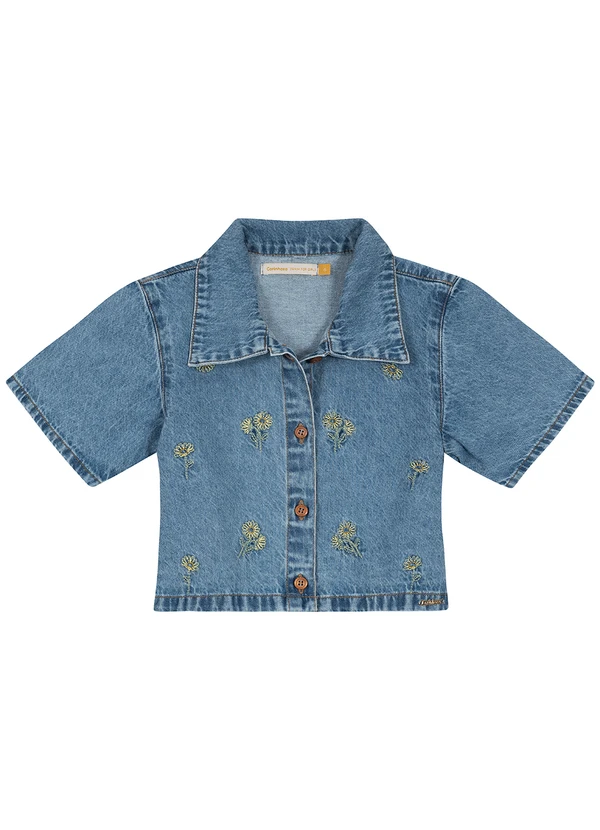 Carinhoso - Camisa Azul Claro Cropped Jeans Bordada Menina