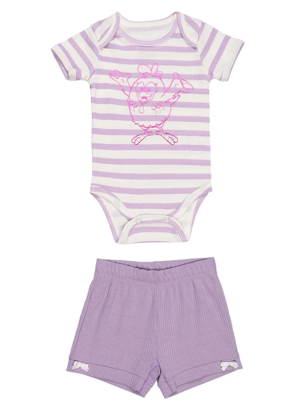 Galinha Pintadinha - Body em Ribana 1x1 Shorts em Ribana 4x2 Lilas