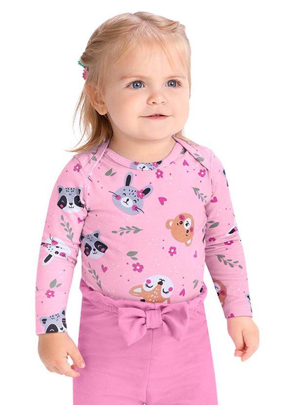 Alenice - Body Estampado Manga Longa Menina Rosa