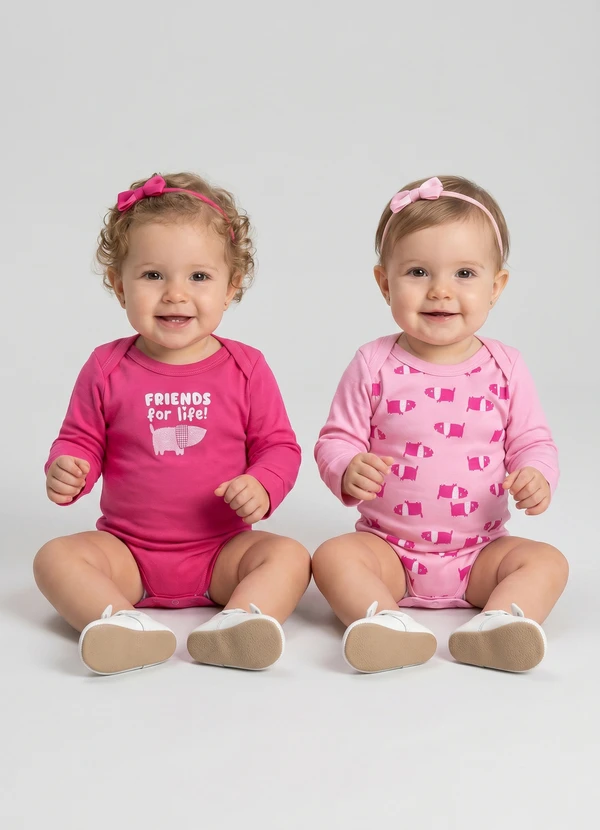Guloseima - Kit Body Bebê Menina em Cotton Rosa