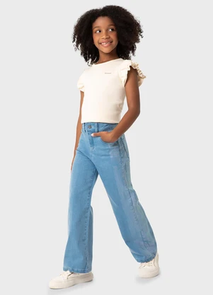 Carinhoso - Calça Azul Claro Wide Leg Jeans Holográfico - CARINHOSO