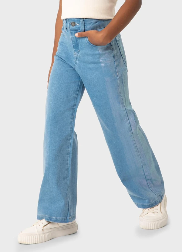 Carinhoso - Calça Azul Claro Wide Leg Jeans Holográfico