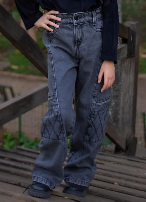 Calça Jeans Infantil Menina Wide Cargo Preto Sun Place