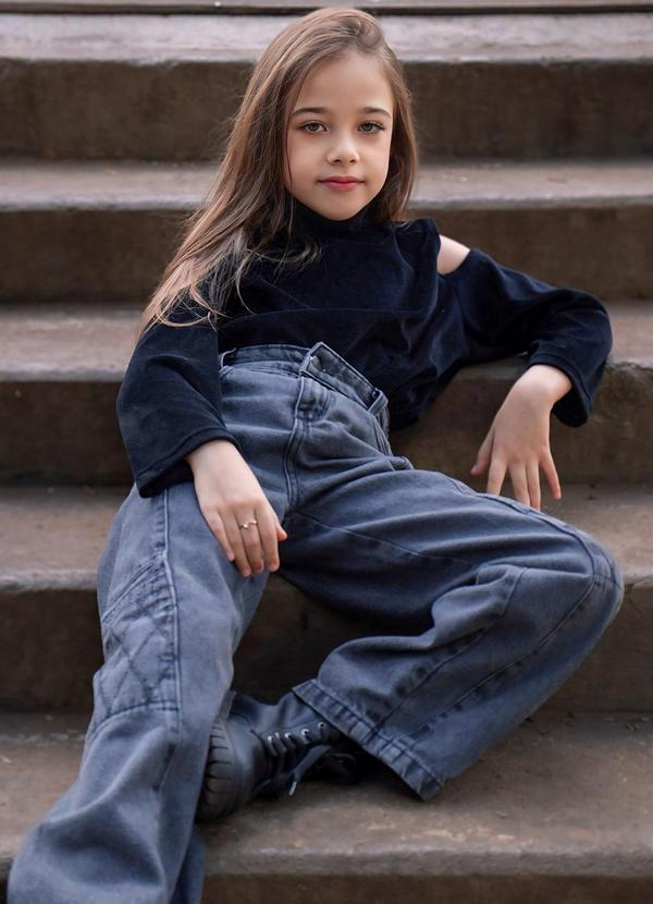 Sun Place - Calça Jeans Infantil Menina Wide Cargo Preto 10