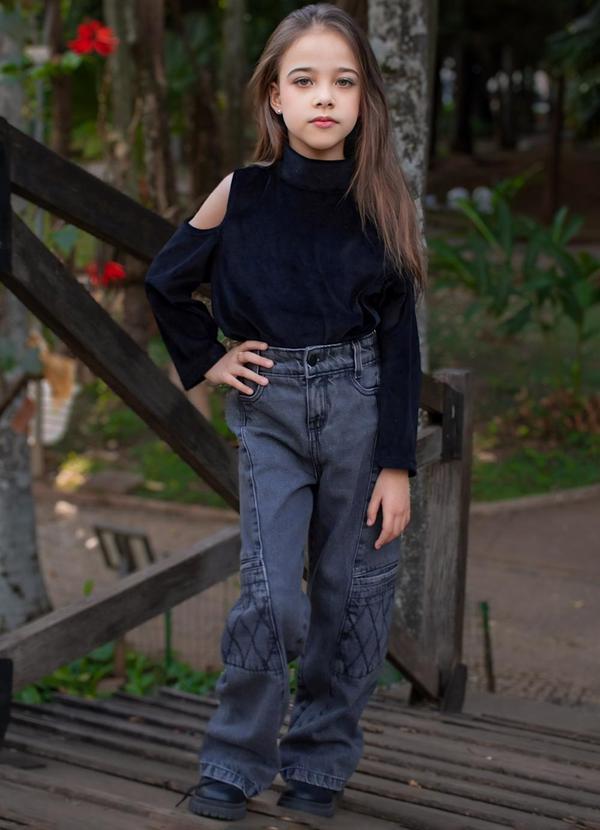 Sun Place - Calça Jeans Infantil Menina Wide Cargo Preto 3