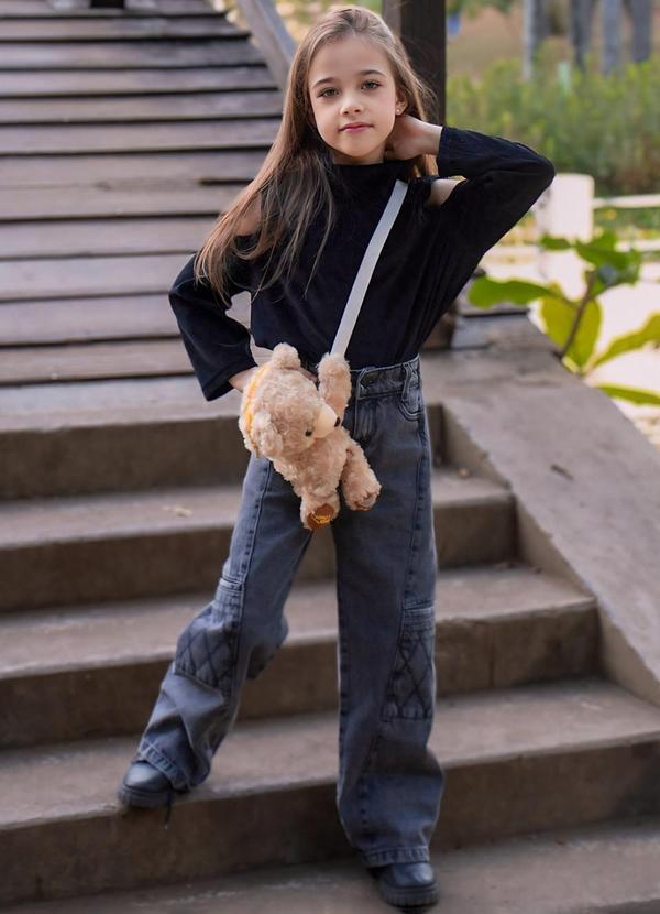 Sun Place - Calça Jeans Infantil Menina Wide Cargo Preto 5