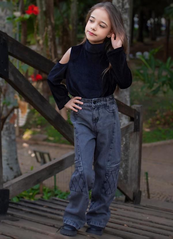 Sun Place - Calça Jeans Infantil Menina Wide Cargo Preto 6