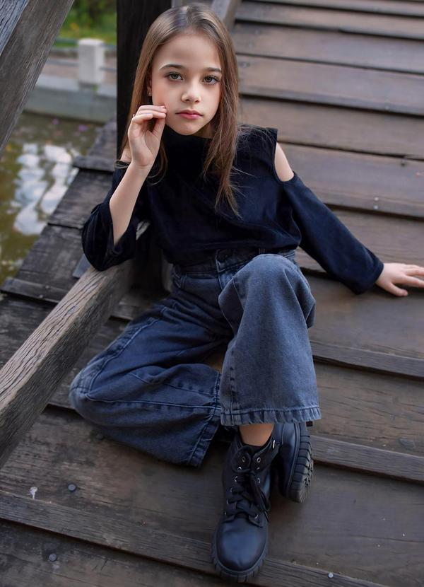 Sun Place - Calça Jeans Infantil Menina Wide Cargo Preto 8