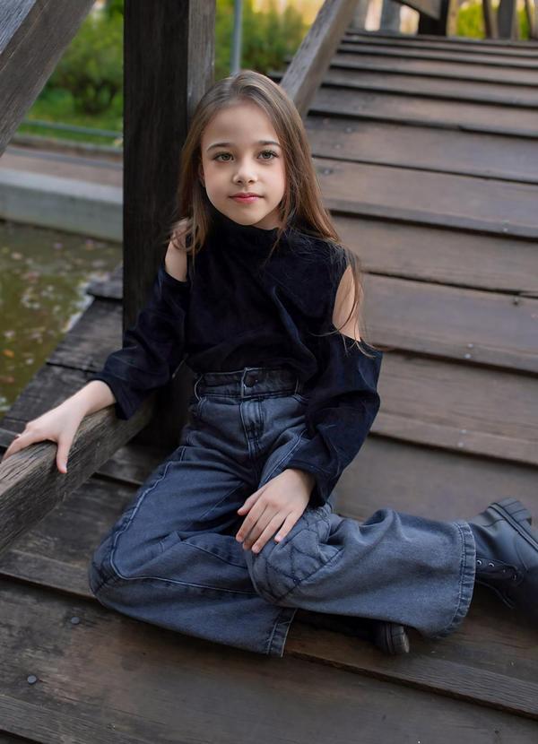 Sun Place - Calça Jeans Infantil Menina Wide Cargo Preto 9