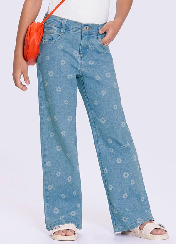 Alakazoo - Calça Jeans Wide Leg com Estampa Flores Azul