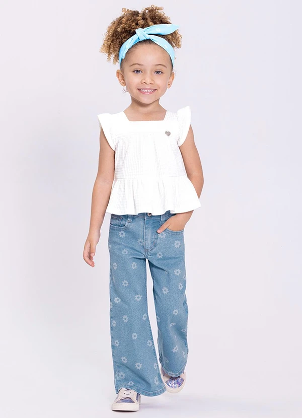 Alakazoo - Calça Jeans Wide Leg com Estampa Flores Azul 2