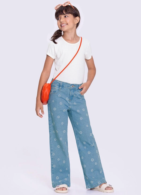 Alakazoo - Calça Jeans Wide Leg com Estampa Flores Azul 4