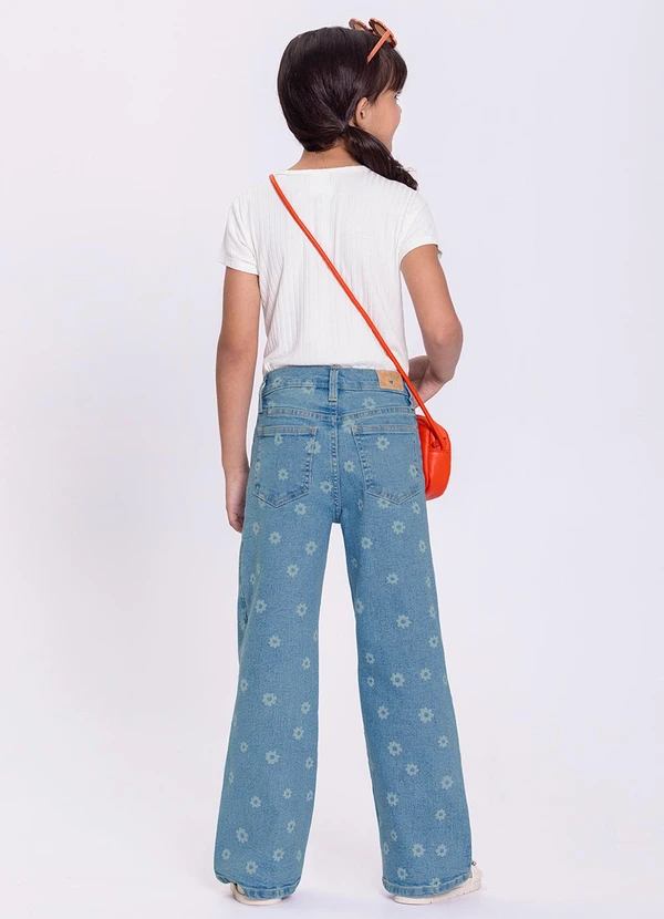 Alakazoo - Calça Jeans Wide Leg com Estampa Flores Azul 5