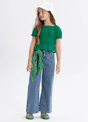 Alakazoo - Calça Jeans Wide Leg Infantil com Bolsos Azul - ALAKAZOO