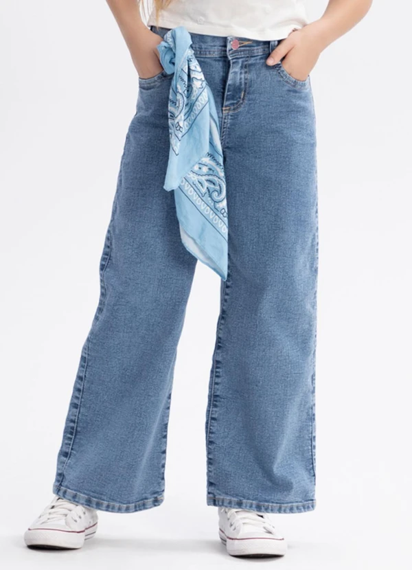 Alakazoo - Calça Jeans Wide Leg Infantil com Bolsos Azul