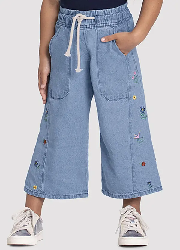 Alakazoo Calça Jeans Wide Leg Infantil Menina Bordada Jeans