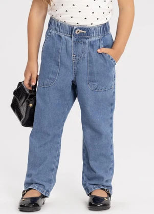 Alakazoo - Calça Mom Jeans com Bolsos e Elástico Azul - ALAKAZOO