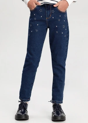 Alakazoo - Calça Mom Jeans com Bordados em Lurex Azul - ALAKAZOO