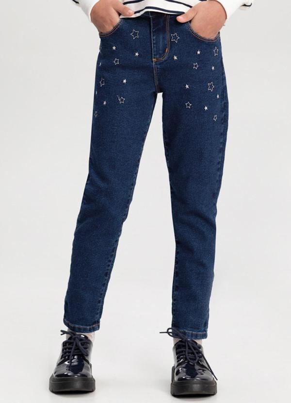 Alakazoo - Calça Mom Jeans com Bordados em Lurex Azul
