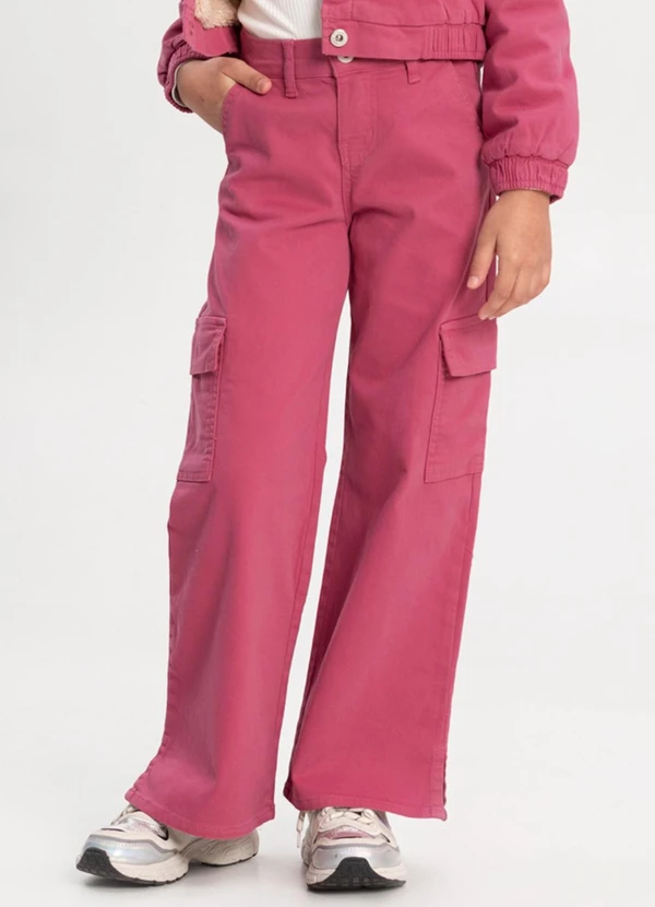 Alakazoo - Calça Wide Leg em Sarja e Bolso Cargo Vermelho